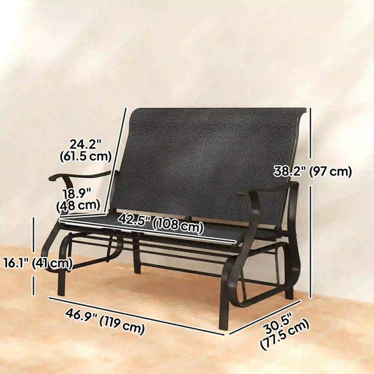 Garden Double Gliding Chair, Steel Frame, Mesh Seat Backrest, Black