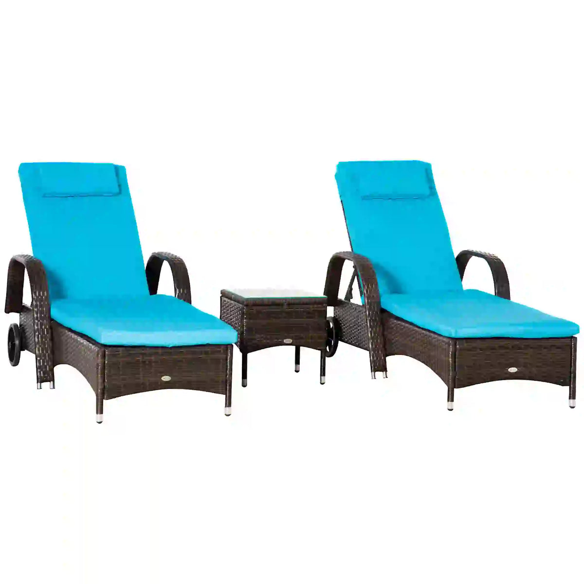 3-Piece Wicker Patio Lounger Set with Table, PE Rattan, Brown/Blue Chaise Loungers at Gallery Canada