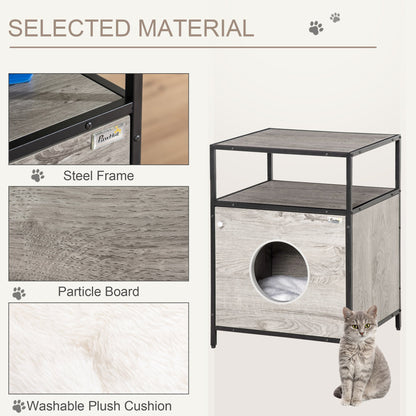 Wooden Cat House Kitty Shelter Bed with Washable Cushion and Open Shelf, Grey, 19" x 15.75" x 25.75" at Gallery Canada