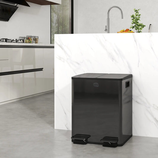 Dual Garbage Bin, Soft-Close Trash Can with Foot Pedal, 2 x 20 Liter Garbage Can with Removable Inner Buckets, Black Household Supplies Glossy Black at Gallery Canada