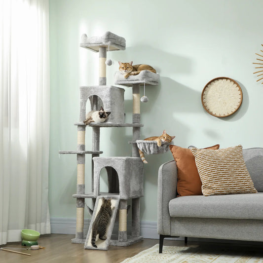Cat Tree, 70 Inch Multi-Level Tower with Condos, Beds, Hammock, Light Grey Cat Towers Light Grey, Beige at Gallery Canada