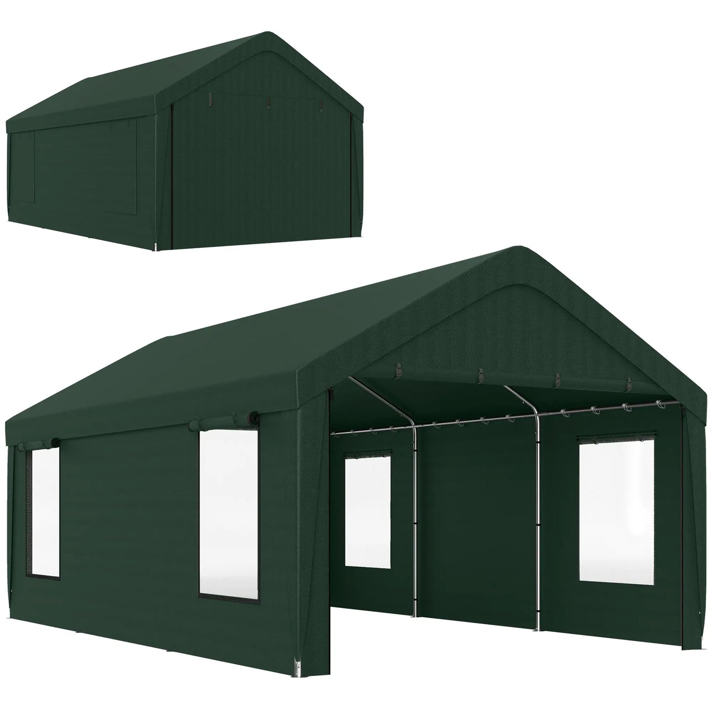 12 x 20ft Abri d'auto, 2 Portes enroulables, 4 Fenêtres, Vert foncé