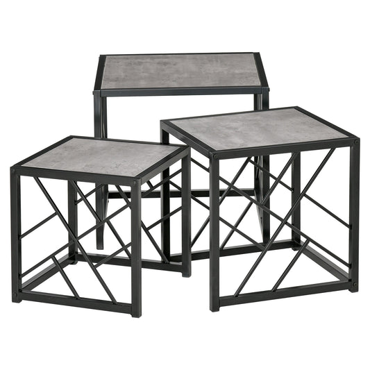 Nest of Tables Set of 3, Square Coffee Table Set with Metal Frame for Living Room, Bedroom, Grey - Gallery Canada