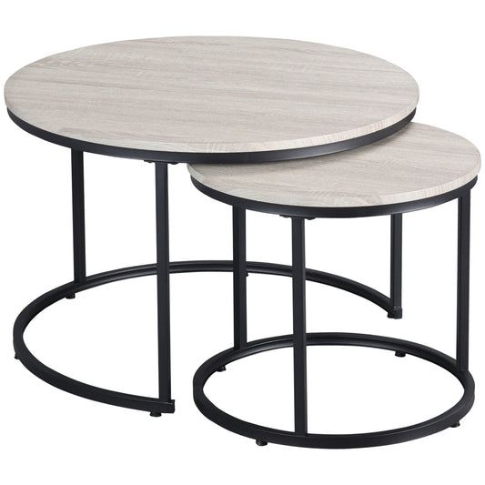 Nesting Coffee Tables Set of 2, Round Coffee Table with Metal Frame, Living Room Tables, Grey Wood Grain at Gallery Canada