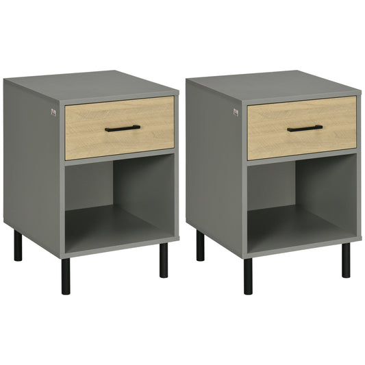 Nightstand Set of 2, Bedside Table with Drawers, Storage Shelf for Bedroom, Grey and Oak - Gallery Canada