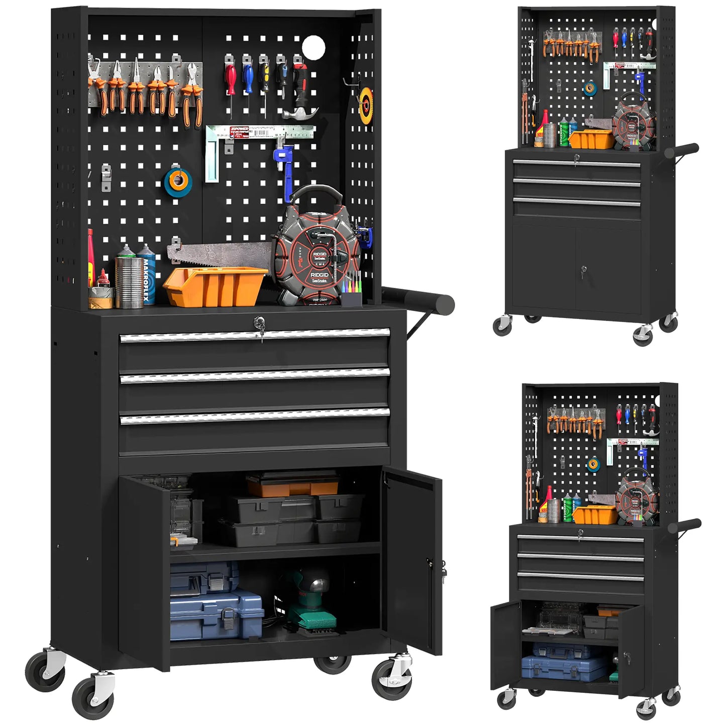 Rolling Tool Cabinet with Pegboard, Lockable Tool Chest, Mobile Tool Storage Organizer for Garage and Workshop, Black Tool Organizers at Gallery Canada