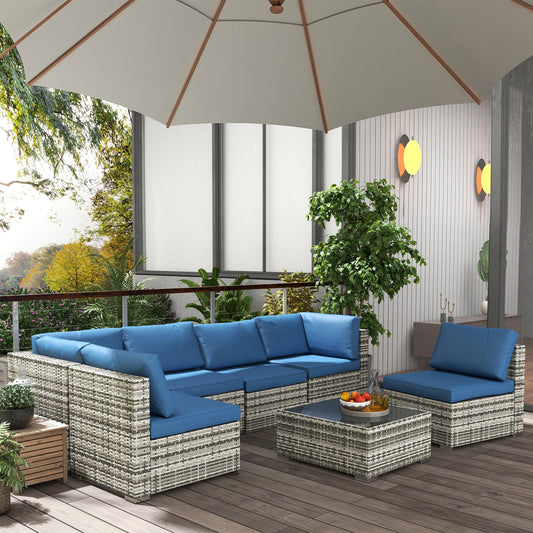 7pc Wicker Sectional Set, Tea Table, Rattan Sofa, Outdoor Furniture, Blue Patio Furniture Sets Grey Rattan, Blue Fabric at Gallery Canada