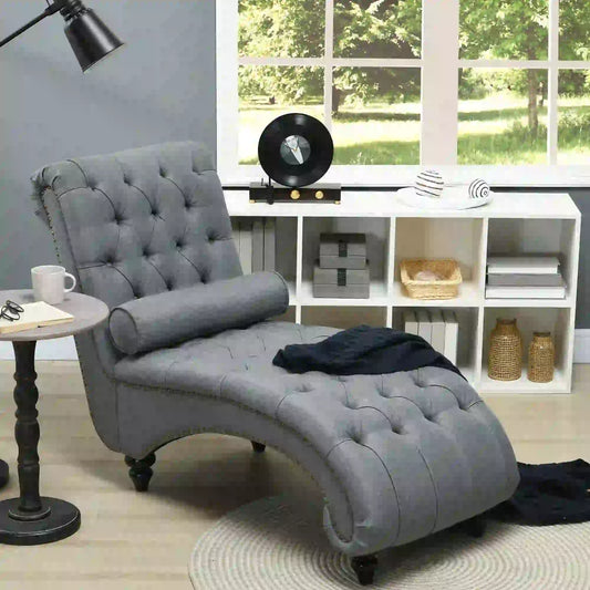 Button Tufted Chaise Lounge Chair, Upholstered with Bolster Pillow, Wood Legs, Nailhead Trim, Grey Single Sofas Grey at Gallery Canada