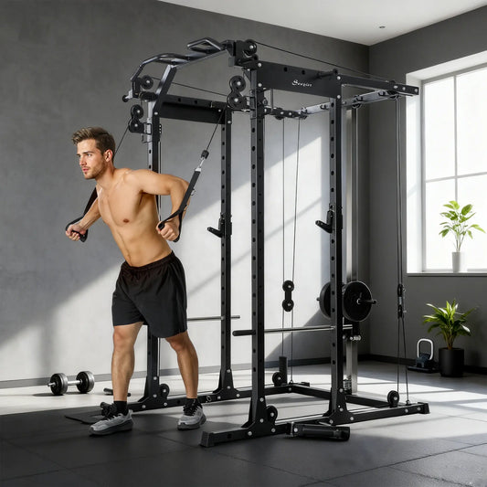 Multi-Functional Power Rack, Smith Machine Cable Crossover System Power Towers Black at Gallery Canada