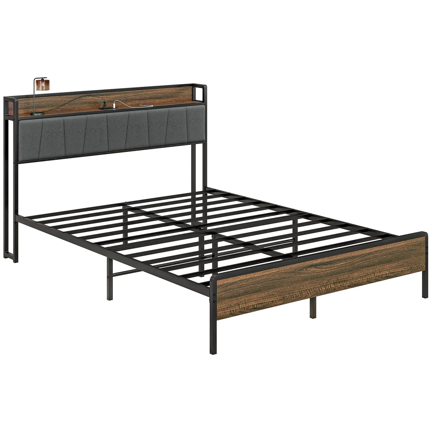 Queen Size Bed Frame, Upholstered Headboard, Storage Shelf, Walnut Bedroom Furniture at Gallery Canada