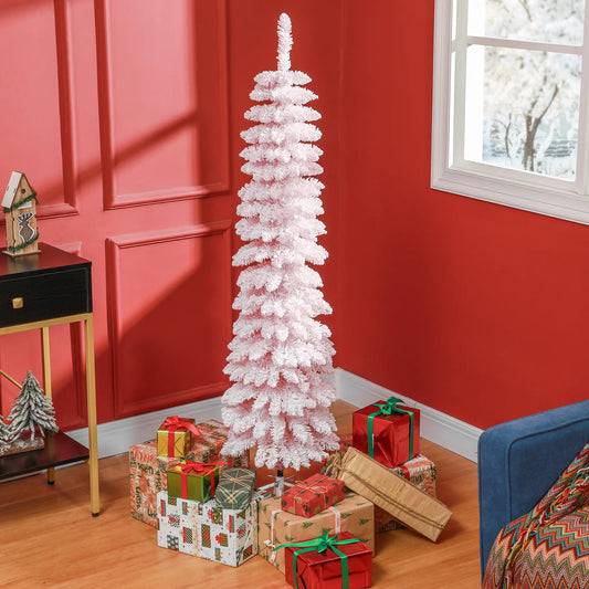 5ft Snow-Flocked Slim Pencil Christmas Tree, 301 Branches, Metal Base, Pink Pencil Christmas Trees Pink at Gallery Canada
