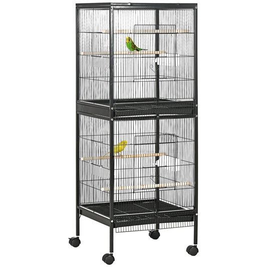 55.1" 2 In 1 Bird Cage Aviary Parakeet House for finches, budgies with Wheels, Slide-out Trays, Wood Perch, Food Containers, Black - Gallery Canada