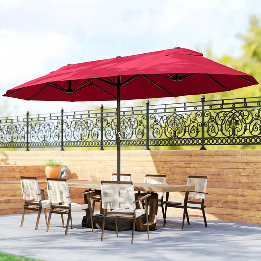15' Outdoor Patio Umbrella, Twin Canopy Sunshade, Lift Crank, Wine Red