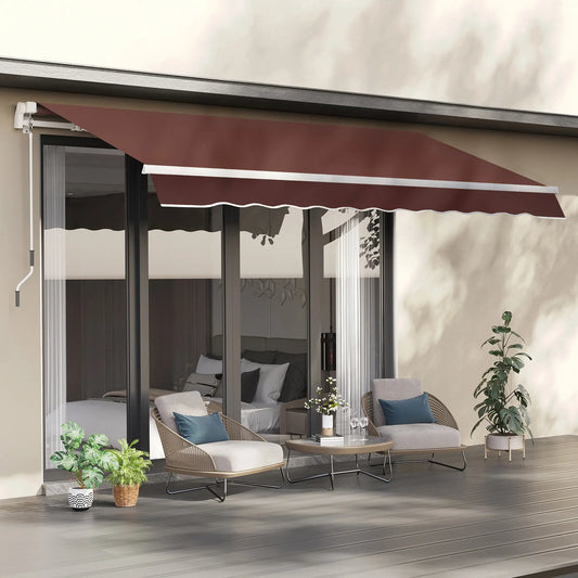 12' x 8' Retractable Patio Awning, Manual Crank Handle, UV Water-Resistant Patio Awnings Coffee Brown at Gallery Canada