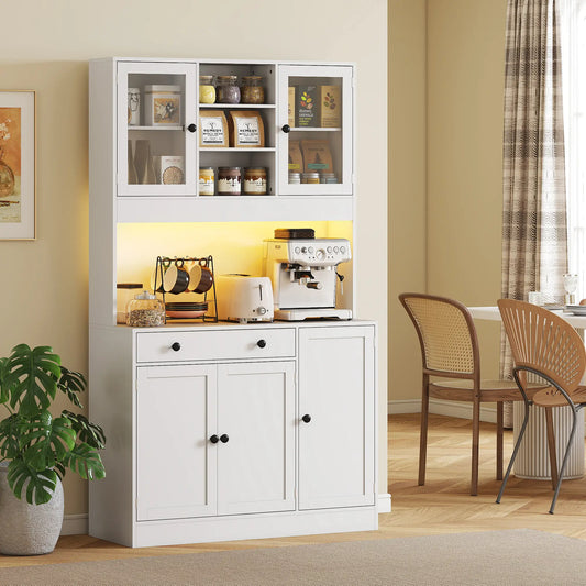 Tall Kitchen Pantry with LED Light, Freestanding Cabinet, White Kitchen Pantry Cabinets White at Gallery Canada