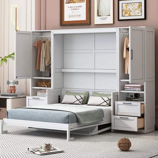 Murphy Bed with Closet, Drawers, Shelves, 114" L x 17" W x 87" H, White Bed Frames White at Gallery Canada