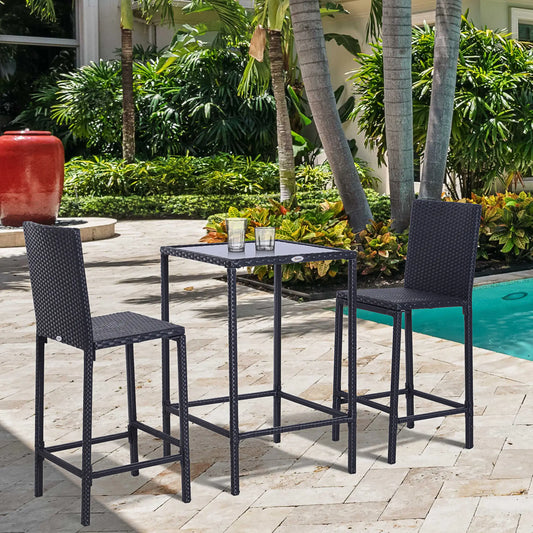 3 Piece Patio Bar Set, Wicker Rattan, Barstool and Table, Black Bistro Sets Black at Gallery Canada