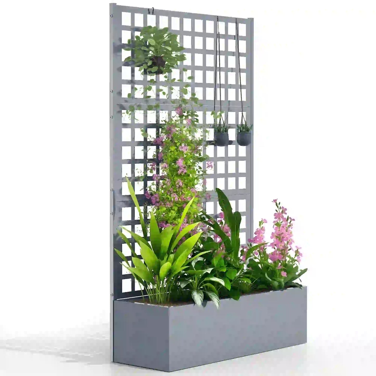 Galvanized Raised Garden Bed Planter Box With Trellis, 43"x16"x70", Grey Wood Effect, Grey