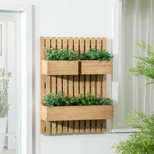 3 Box Raised Garden Bed with Trellis, Wall-Mounted Wood Planter Raised Garden Beds Natural at Gallery Canada