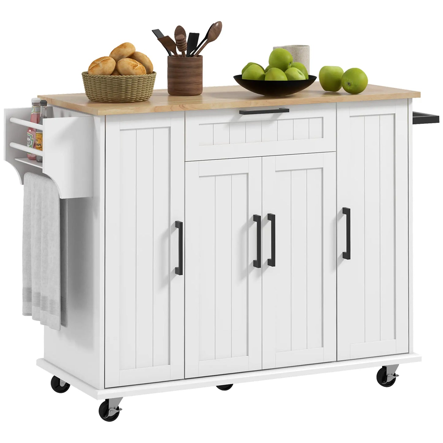 Modern Kitchen Island Cart, Natural Wood Top, Towel Rack, Door Storage, White Kitchen Islands & Kitchen Carts at Gallery Canada
