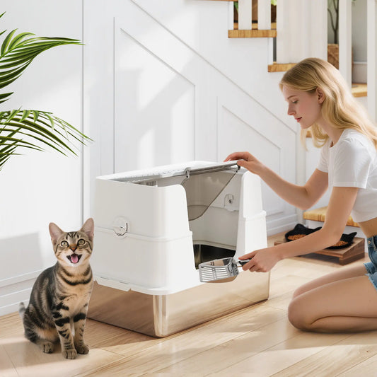 XL Stainless Steel Litter Box, 100° Flip Top, Scoop, Dual Entry, Odor Free Cat Litter Box Enclosures Stainless Steel, Light Grey, Transparent at Gallery Canada