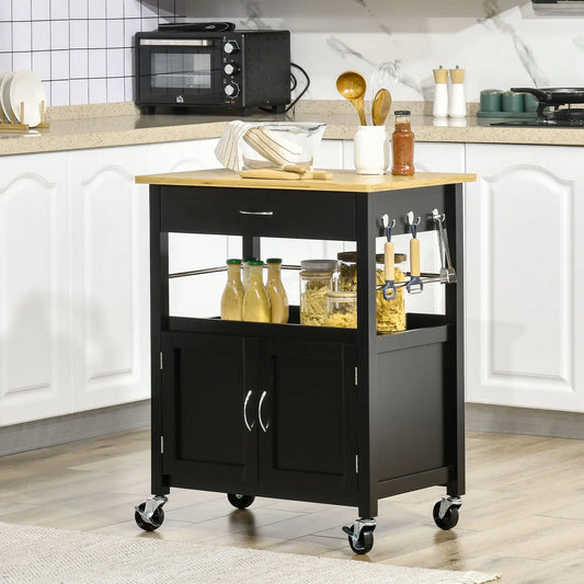 Kitchen Cart, Utility Trolley with Storage Drawer, Side Hooks, Black Kitchen Islands & Kitchen Carts Black at Gallery Canada