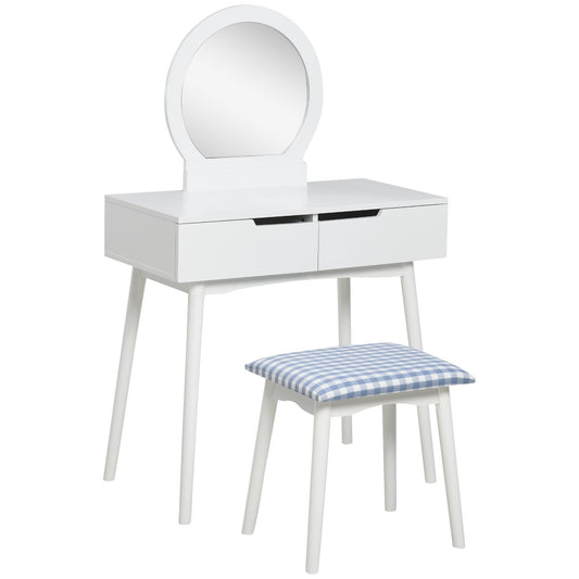Vanity Table Set with Round Mirror and 2 Drawers, Dressing Table with Cushioned Stool Set for Bedroom, White - Gallery Canada
