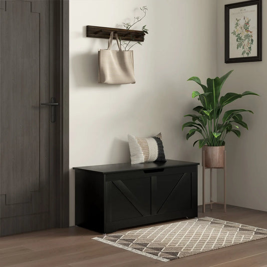 39.4 Inches Storage Chest, Wooden Box with Safety Hinges, Wood Grain, Black Storage Cabinets Black Wood Grain at Gallery Canada