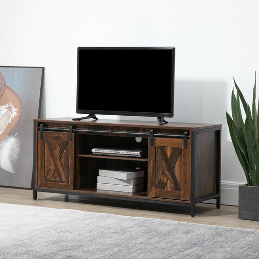 Industrial TV Stand for 60" TVs, Storage Console, 2 Sliding Barn Doors, Brown TV Stands Brown, Black at Gallery Canada