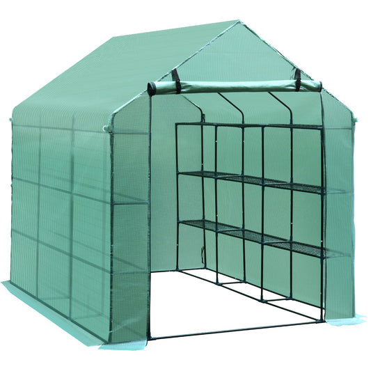 Walk-in Greenhouse Plant Garden Hot House with 3 Tiers 18 Shelves, Roll-Up Zipper Door, Growing Shelter for Flowers, 8' x 6' x 7', Green - Gallery Canada