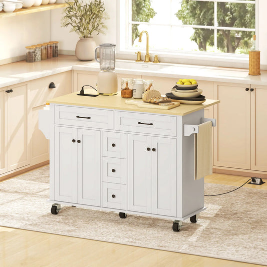 Kitchen Island Cart with Power Outlet, Drop Leaf, 55 Inch, White Kitchen Islands & Kitchen Carts White, Natural Wood Finish at Gallery Canada