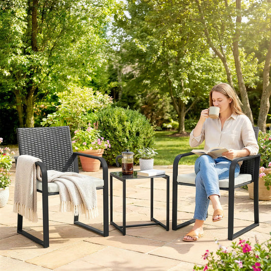 3 Piece Wicker Patio Set, Glass Table, Mesh Seat, Cream White Patio Furniture Sets Cream at Gallery Canada