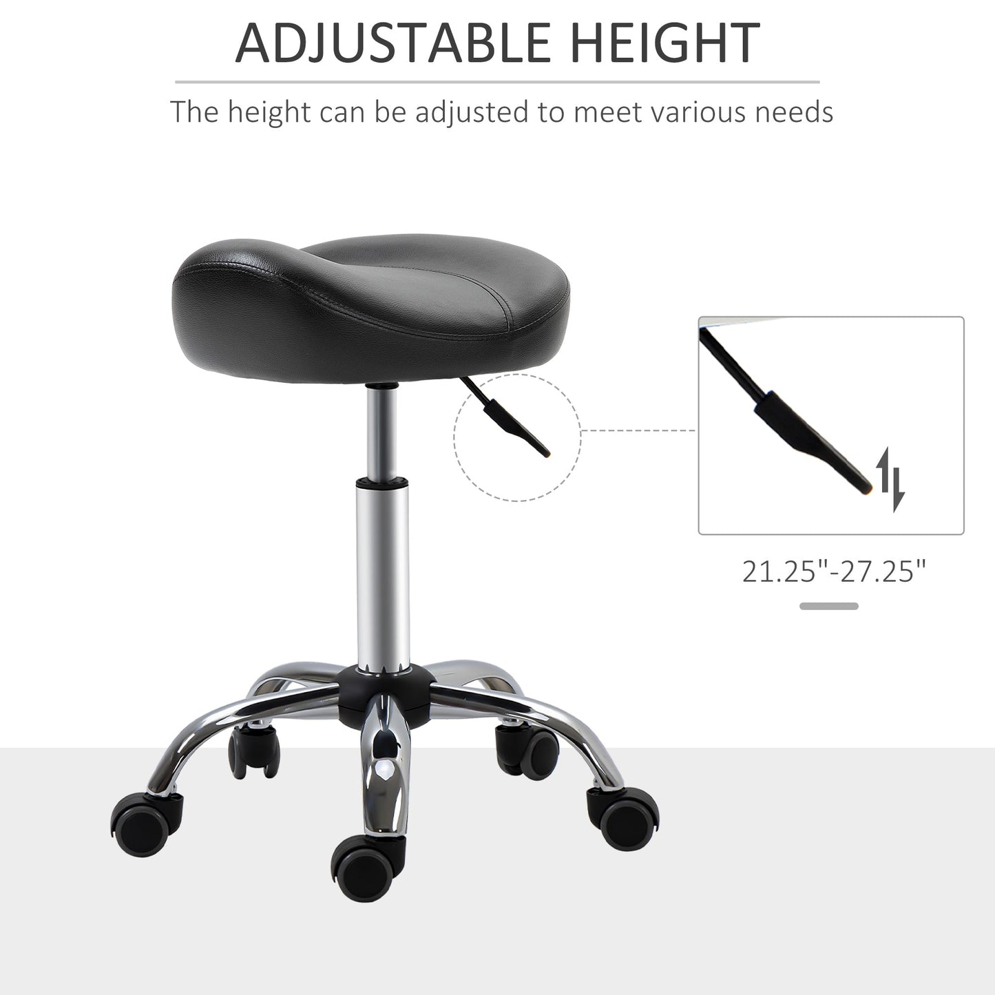 Saddle Stool, Height Adjustable Rolling Salon Chair with PU Leather for Massage, Spa, Clinic, Beauty and Tattoo, Black at Gallery Canada