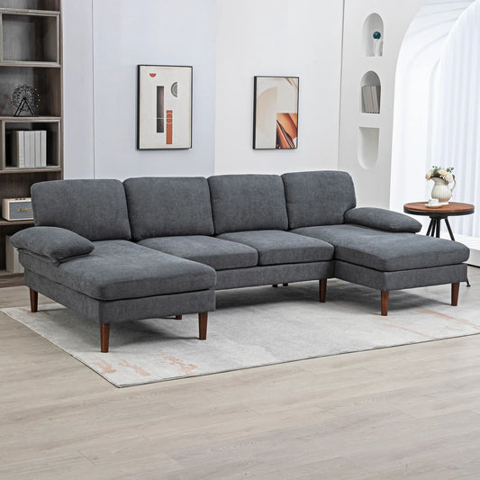 U Shape Couch, Double Chaise Lounge, 4 Seater Sofa, Wooden Legs, Dark Grey 3-Seater Sofas Dark Grey, Brown at Gallery Canada
