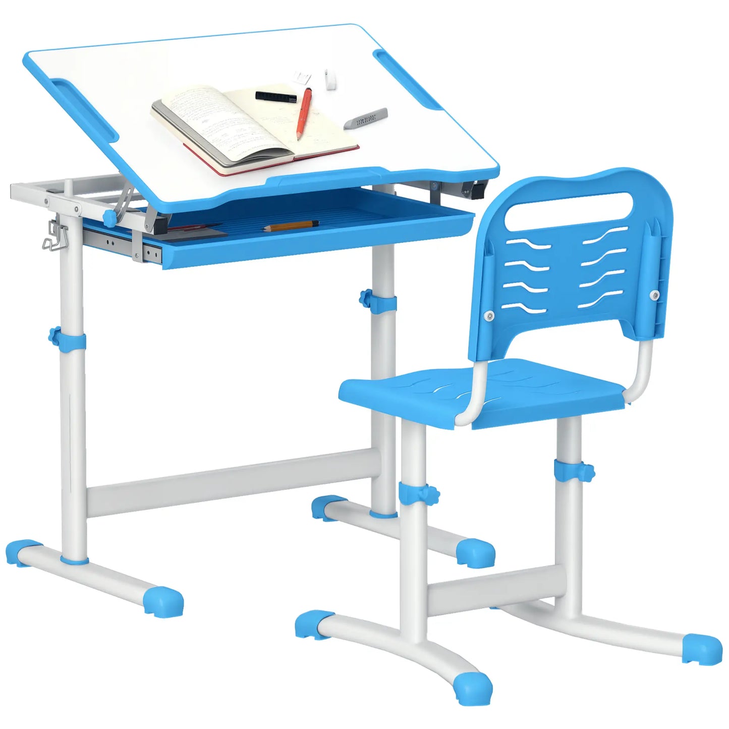 Table d'étude réglable, Ensemble de chaises avec tiroir, Bleu