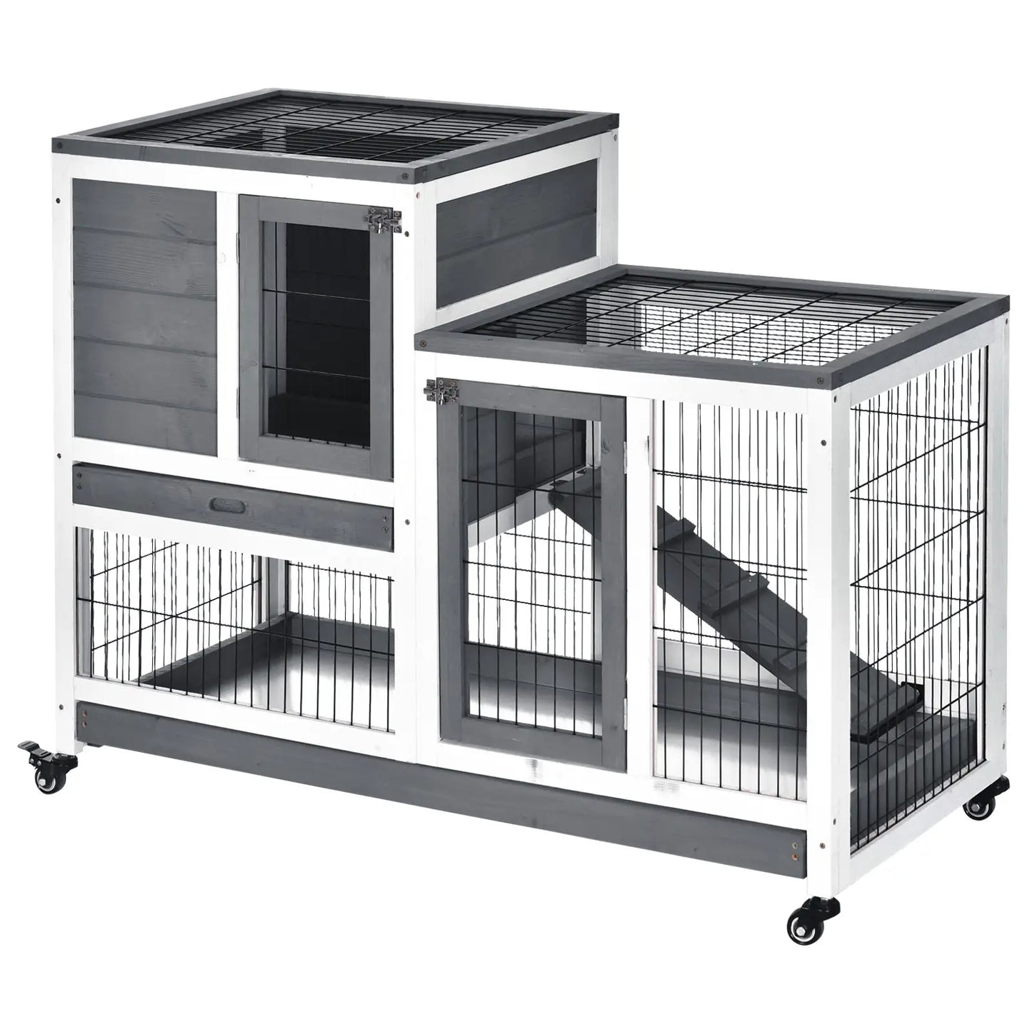 Wooden Rabbit Hutch, Indoor Bunny Cage with Wheels, Pull Out Trays, Run, Grey Rabbit Hutch at Gallery Canada