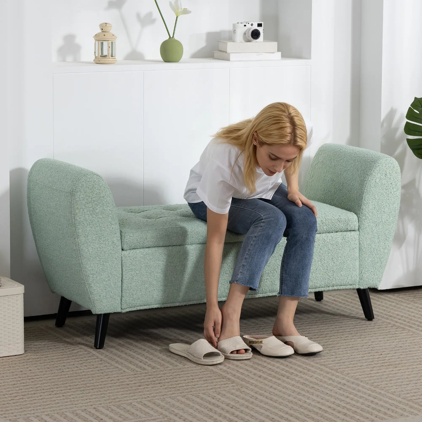 Upholstered Storage Bench with Arms, Modern Ottoman, Green Storage Ottomans & Benches at Gallery Canada