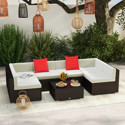 7-Piece Outdoor Wicker Sectional Sofa, Beige, Dark Brown