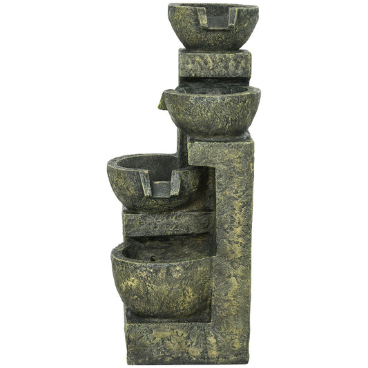 Outdoor Fountain Cascading Waterfall with 4-Tier Stone Look Bowls, Adjustable Flow for Patio Garden, Grey - Gallery Canada