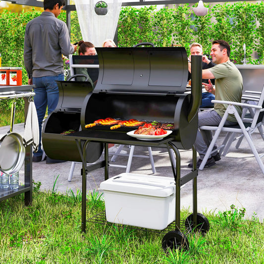 Portable Charcoal BBQ Grill With Offset Smoker, 2 Shelves, Thermometer, Wheels, Black Charcoal BBQ Grils Black at Gallery Canada