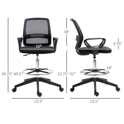Office Chair Drafting Chair Tall with Foot Ring, Mid-Back Mesh Ergonomic for Standing Desk Drafting Table 360° Swivel Office Stool, Black