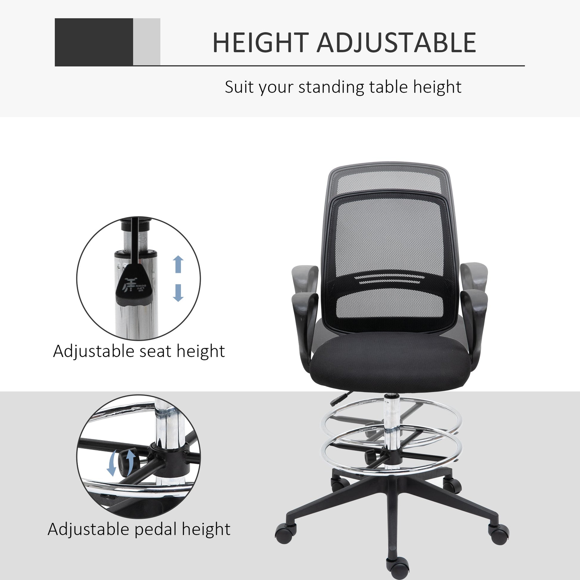 Office Chair Drafting Chair Tall with Foot Ring, Mid-Back Mesh Ergonomic for Standing Desk Drafting Table 360° Swivel Office Stool, Black at Gallery Canada