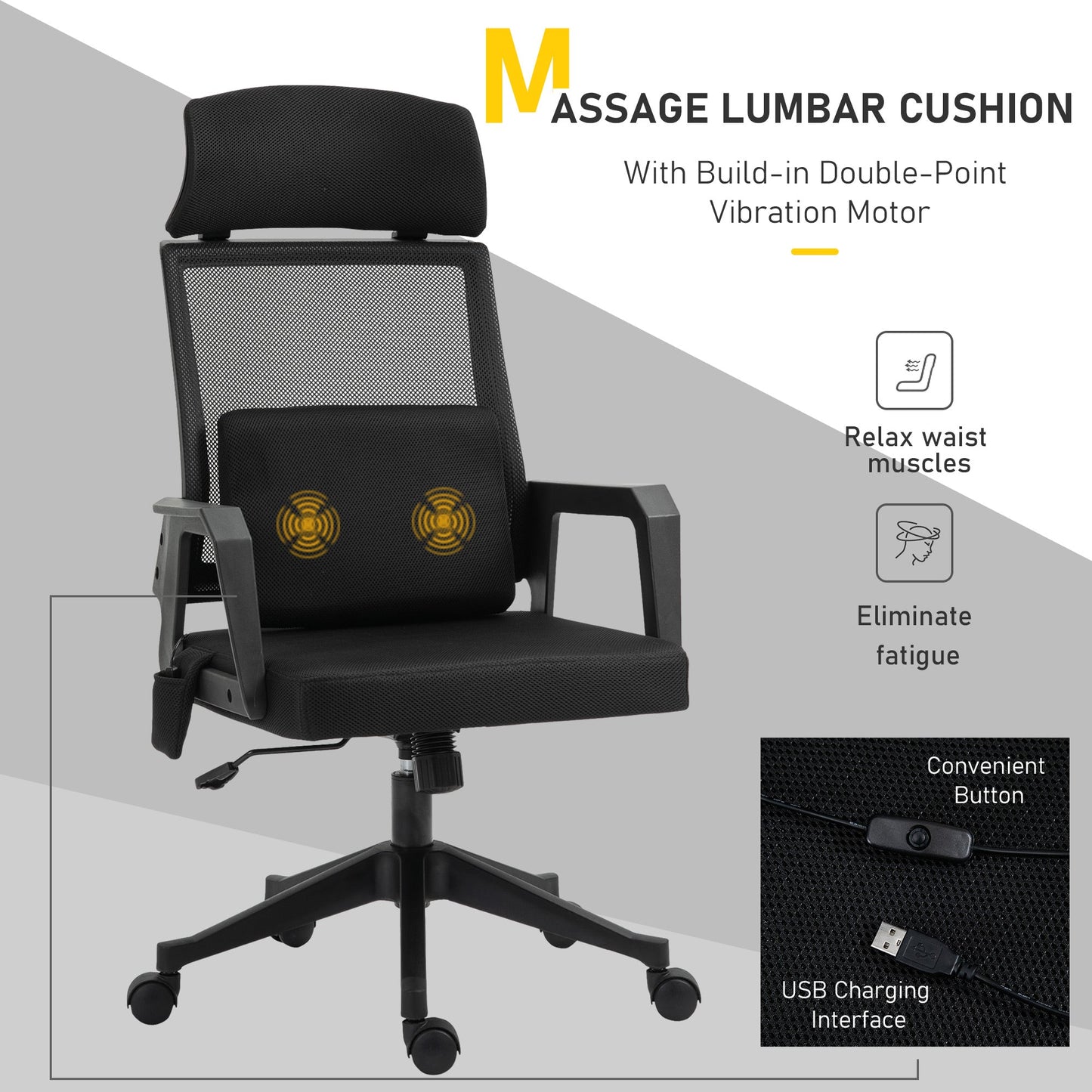 Office Chair High Back Mesh Desk Chair with 2-Point Vibration Massage Lumbar Support Pillow, Headrest, Ergonomic Swivel Back at Gallery Canada