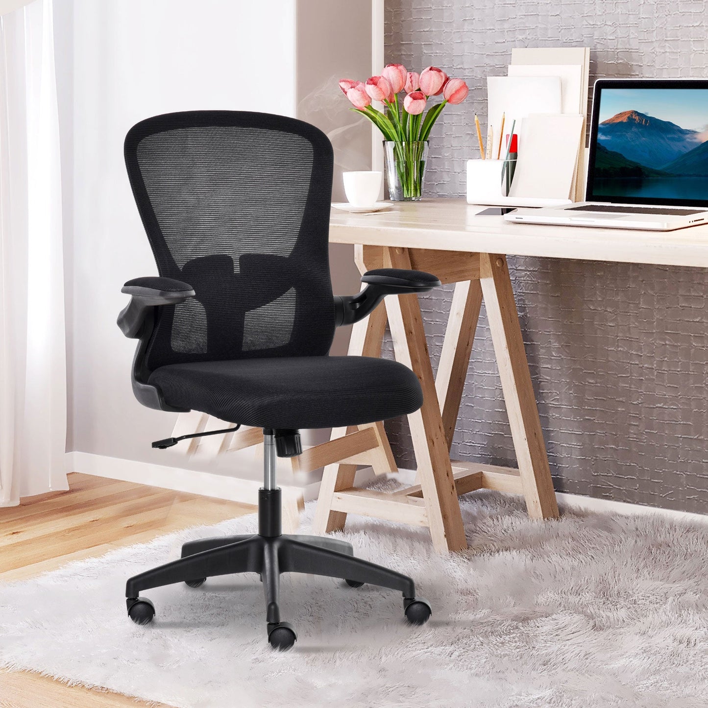 Office Chair Mesh Swivel Task Desk Chair with Lumbar Back Support, Adjustable Height, Flip-Up Arm, Black at Gallery Canada