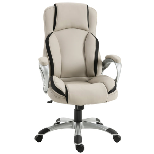 Office Chair PU Leather Executive on Rolling Wheels Task Computer Height Adjustable Swivel Ergonomic, Greige and Black