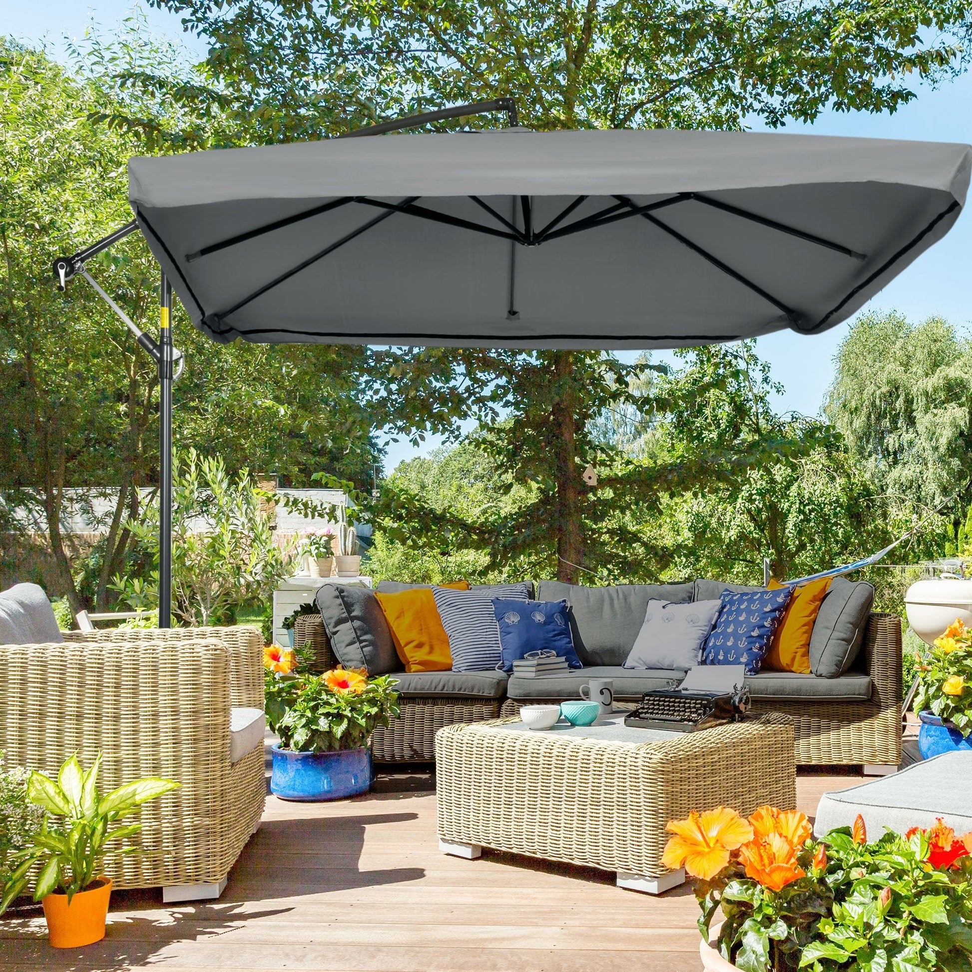 Offset Patio Umbrella with Net and Umbrella Base, Adjustable Cantilever Canopy with Cross Base, Weight Plates and 8 Ribs for Backyard, Poolside, Garden, Dark Grey at Gallery Canada