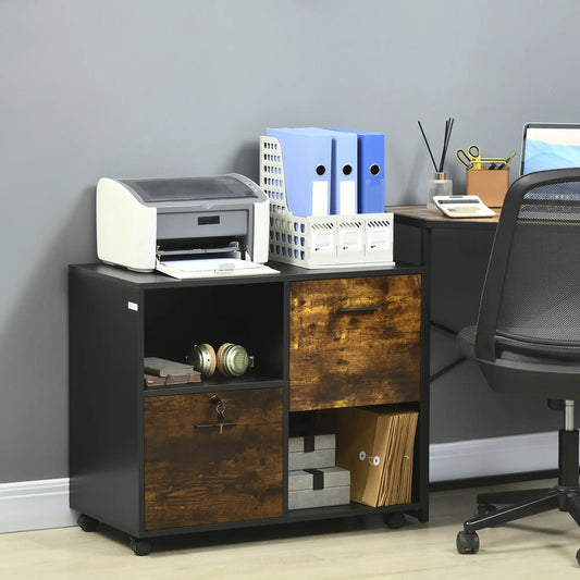 Lateral Filing Cabinet with Drawers, Lock, Wheels, Rustic Brown Office Cabinets & Cupboards Rustic Brown, Black at Gallery Canada