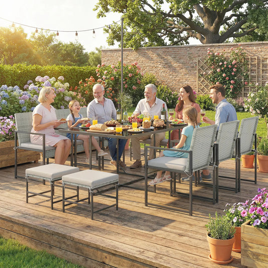 Wicker Patio Dining Set, 6 Armchairs, 4 Stools, Light Grey