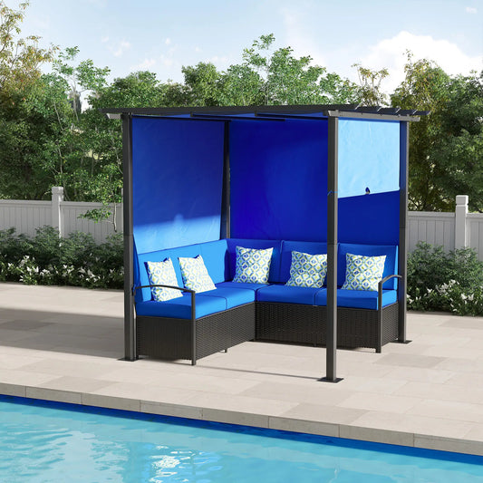 PE Rattan Sofa Set, Retractable Canopy, Outdoor Furniture, Blue Patio Furniture Sets Black Frame, Blue Fabric, White and Green Pillow at Gallery Canada