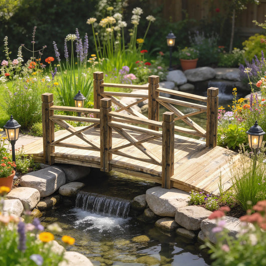 Garden Bridge, Wooden Arch Footbridge With Safety Rails, Carbonized Garden Decor Tan at Gallery Canada